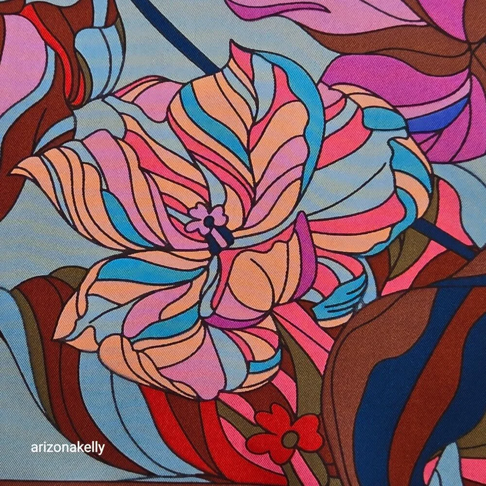 Eleganzza Silk Twill Scarf Floral Hand Rolled Edges